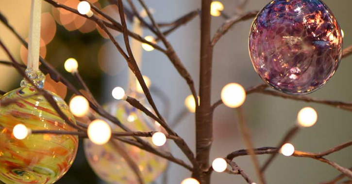 View of glass Christmas baubles at the National Glass Centre